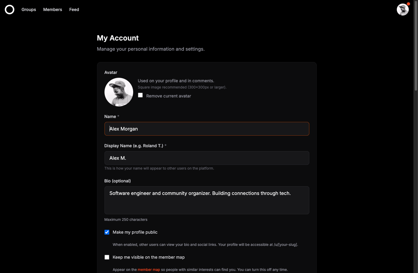 Account settings page for managing profile and preferences
