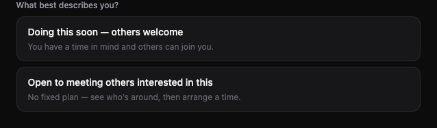 The two activity type option cards