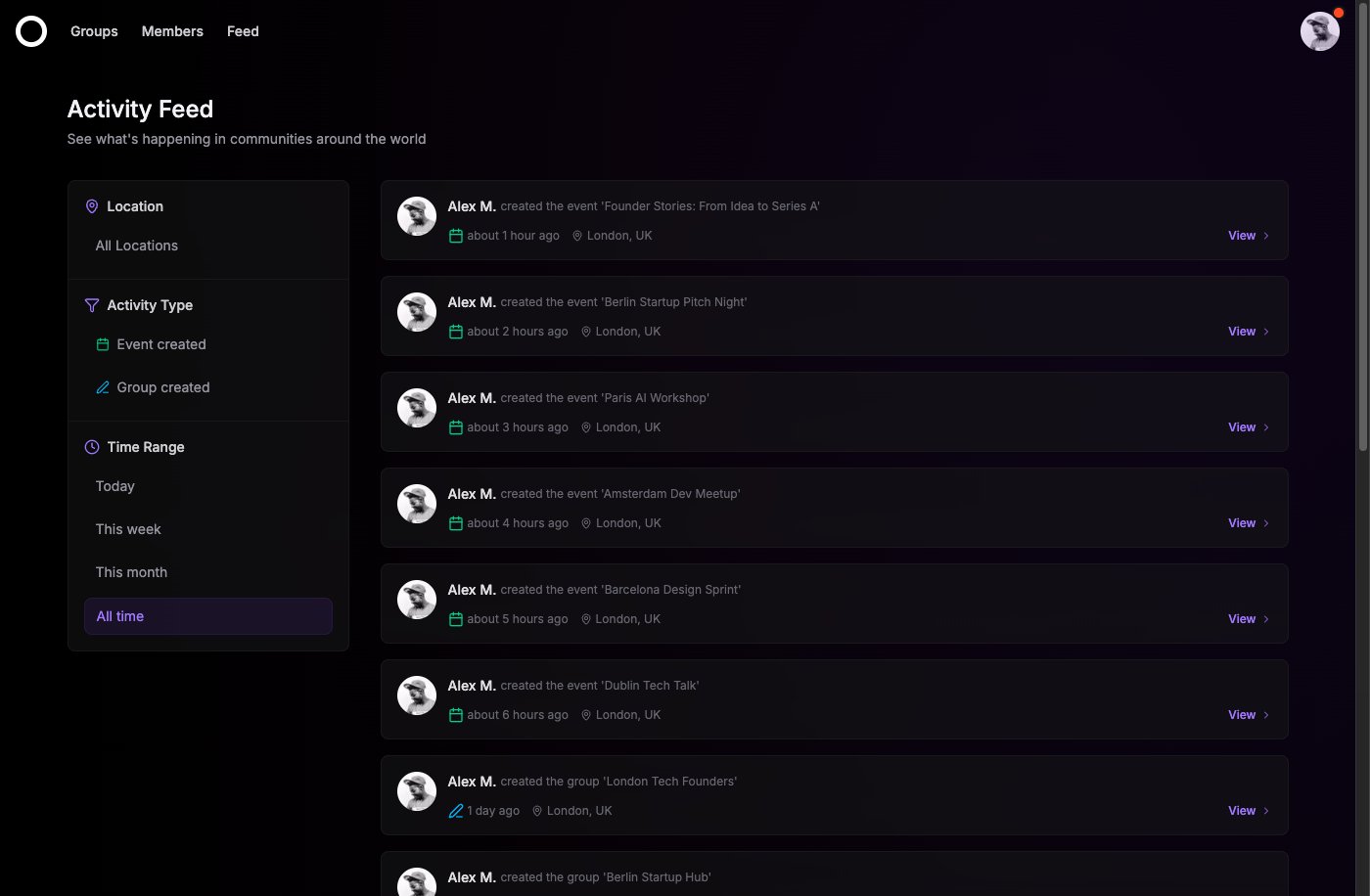 Community activity feed showing new events and group updates across the platform