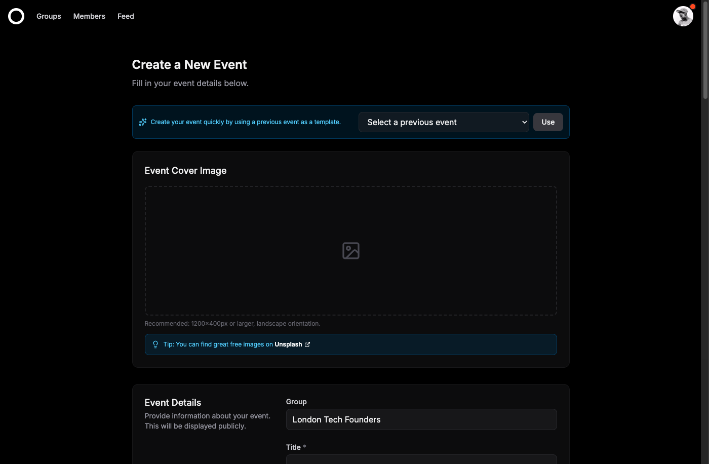Create event form with title, description and date fields
