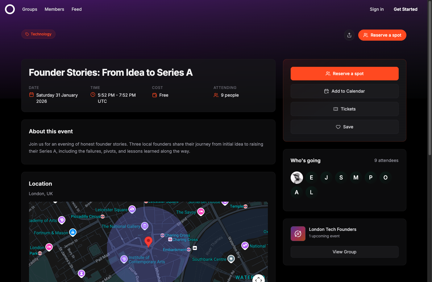 Event page with RSVP management, location details and attendee list - Meetup.com alternative event features