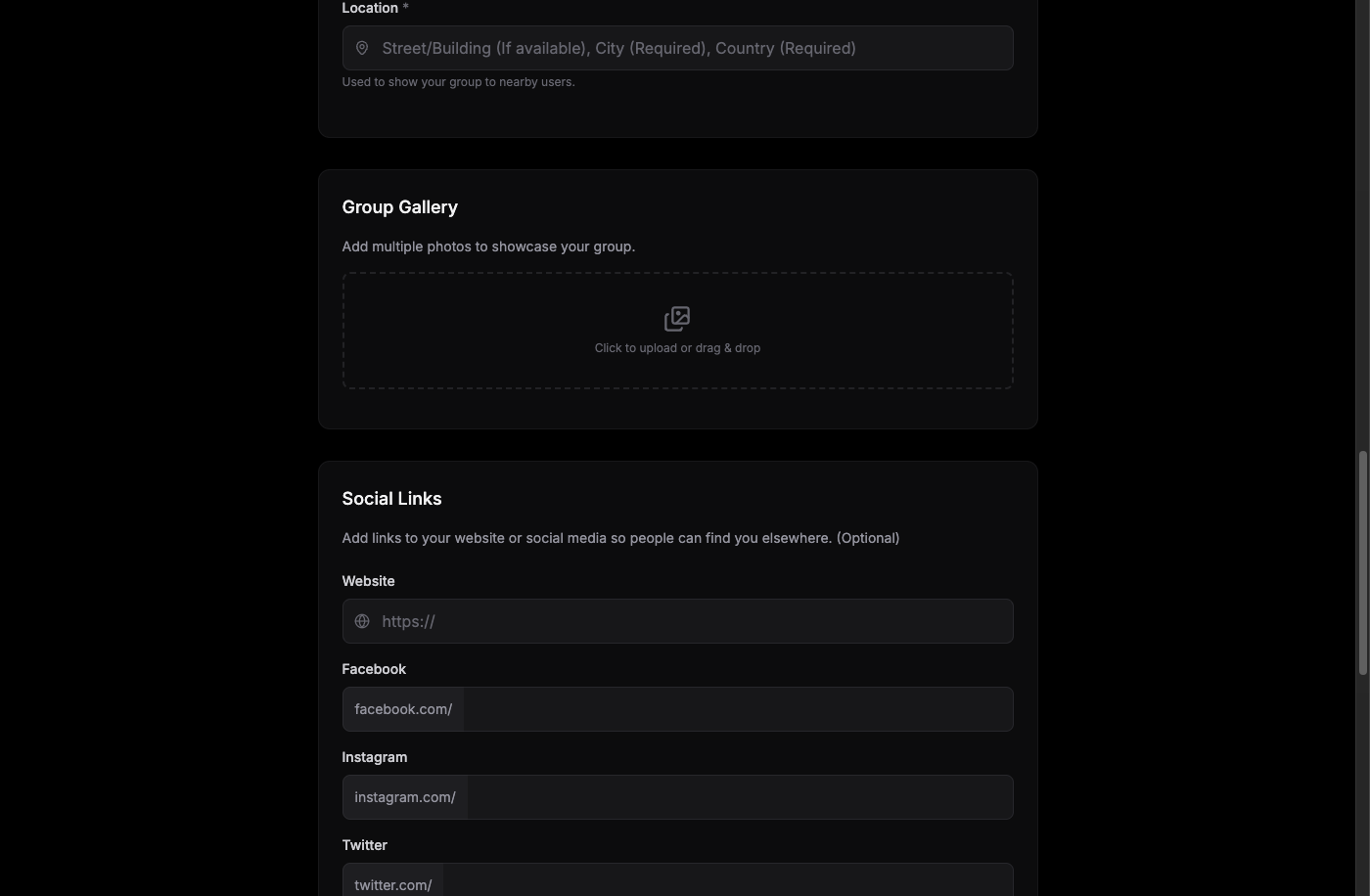 Group creation settings including category and location