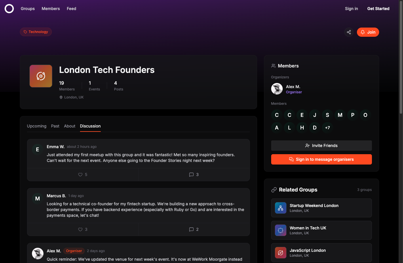 Group discussion forum with posts, comments and likes - community engagement features