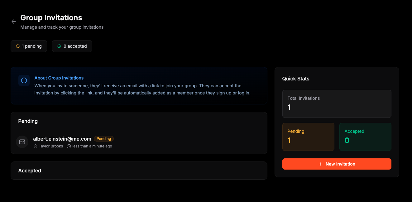 Group invitations page on Radius: Manage Invites, list of pending and past invitations with status, and options to send new or bulk email invitations.