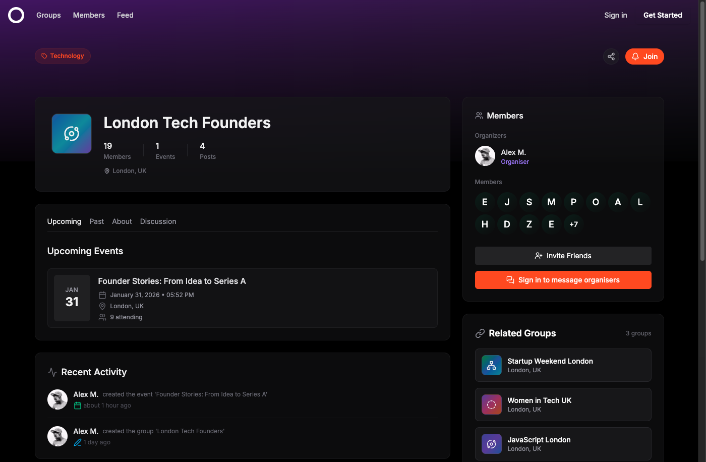 Radius group page showing upcoming events and member list - better than Meetup.com for community organizers