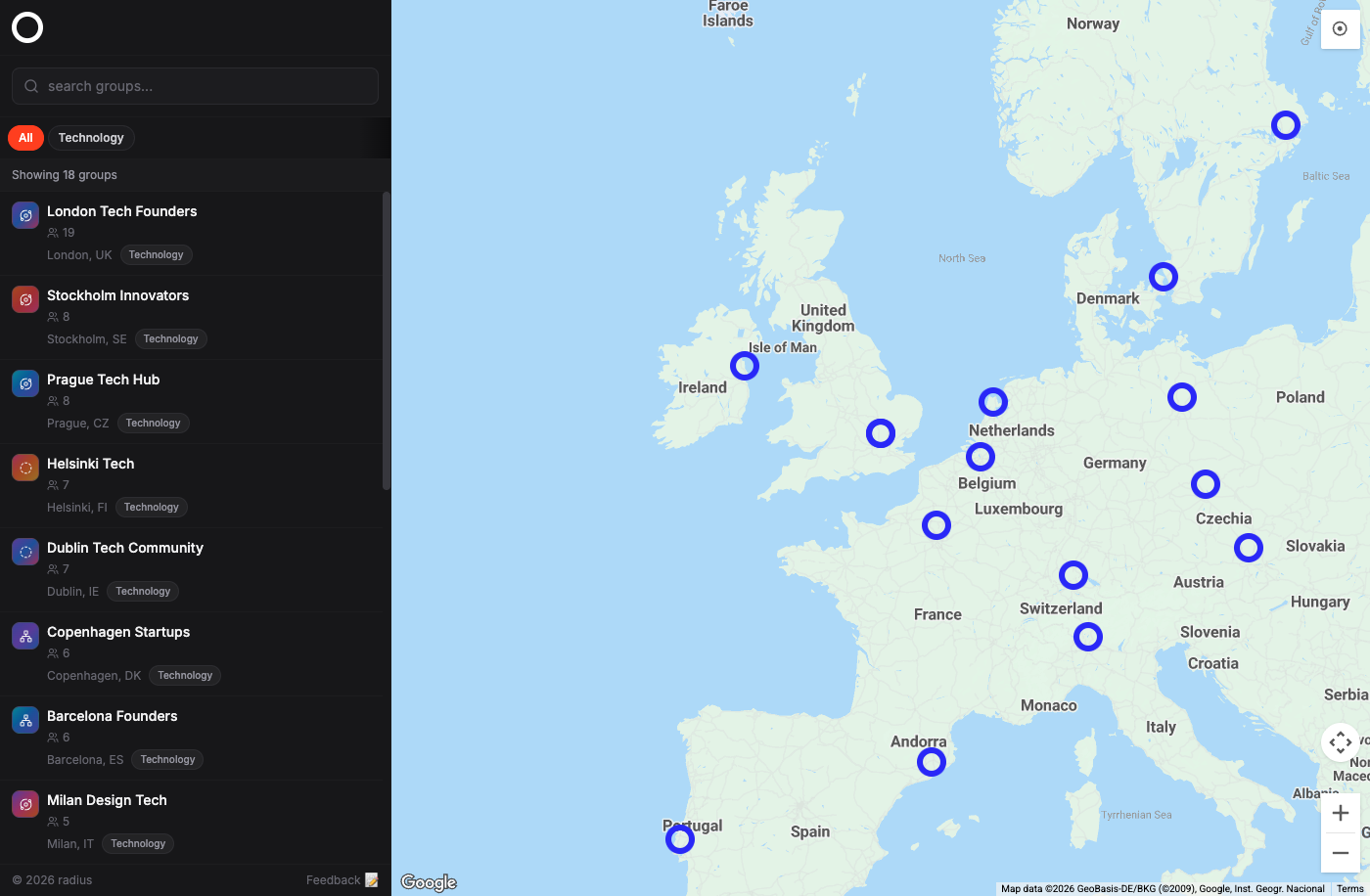 Radius groups directory with interactive map - a modern Meetup.com alternative for discovering local communities
