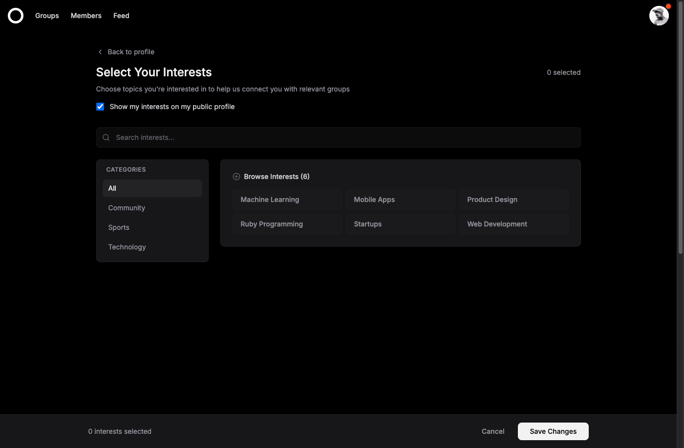 Select your interests to get personalized group recommendations - find your community