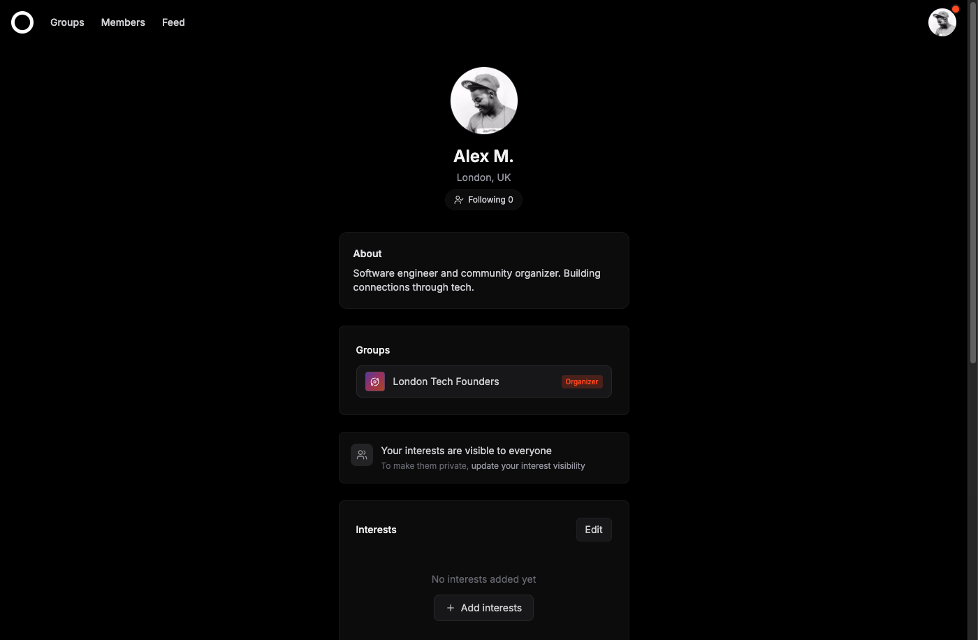 Public member profile page showing interests and group memberships