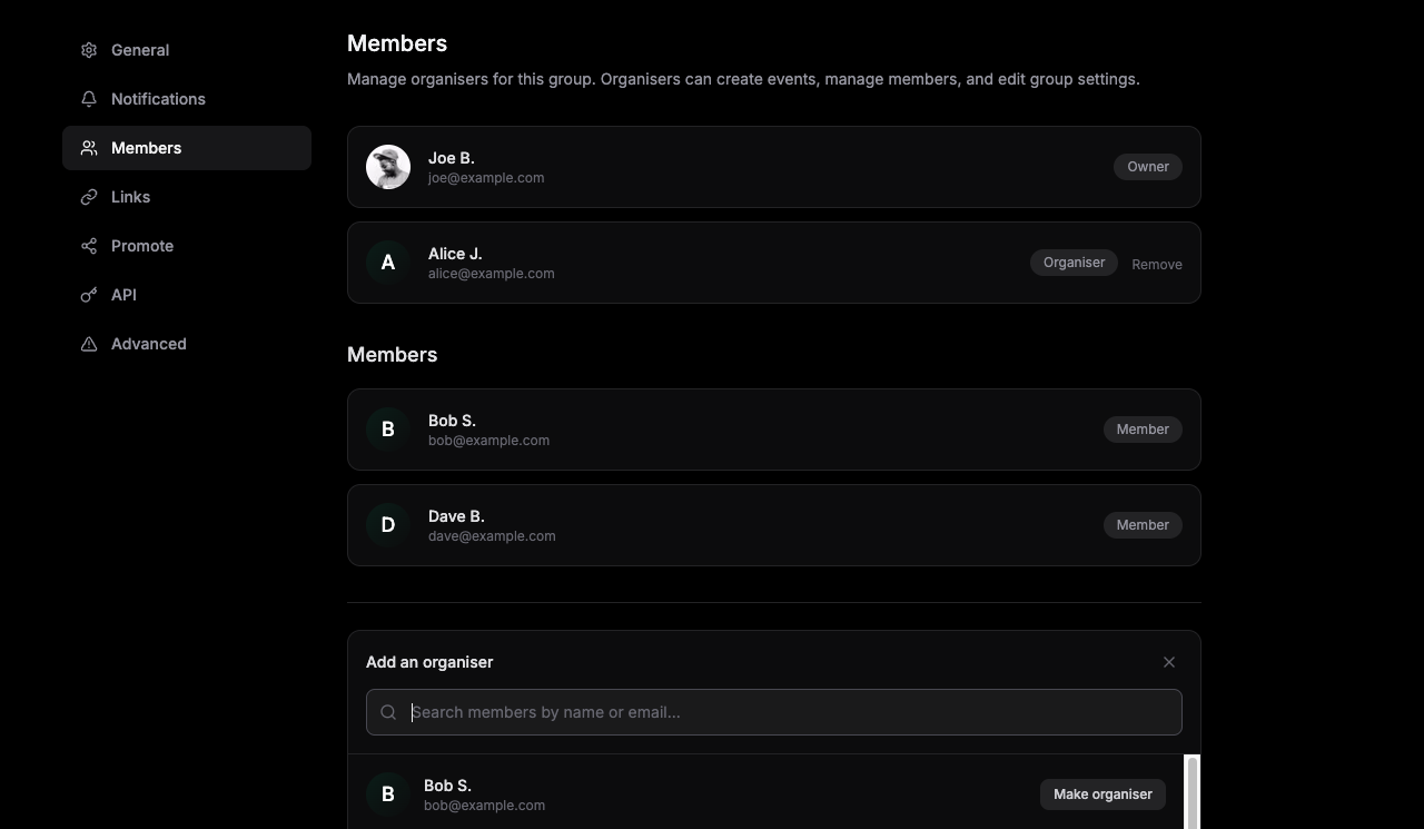 Group settings Members tab: list of organisers with Owner and Organiser badges, Add organiser panel, and members available to promote to organiser on Radius.