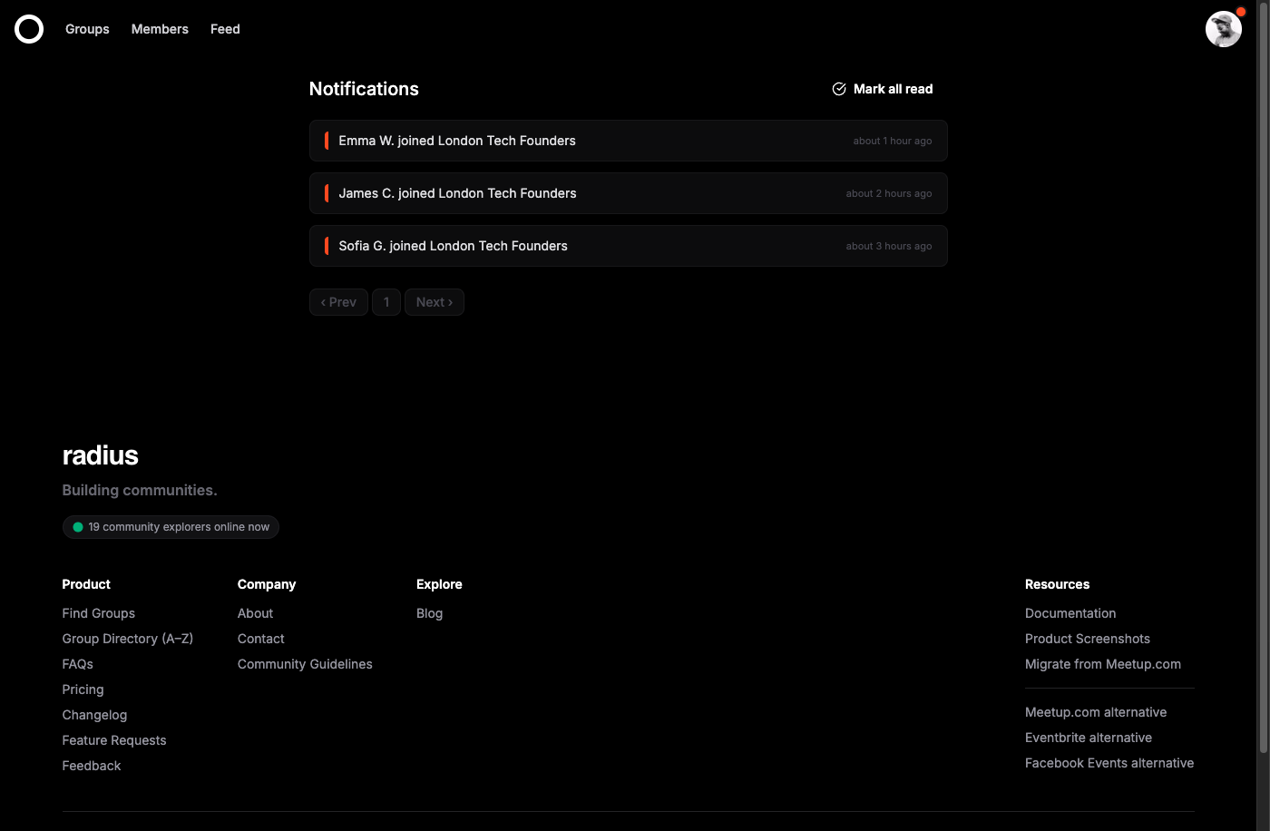 Notification center showing group updates and event reminders