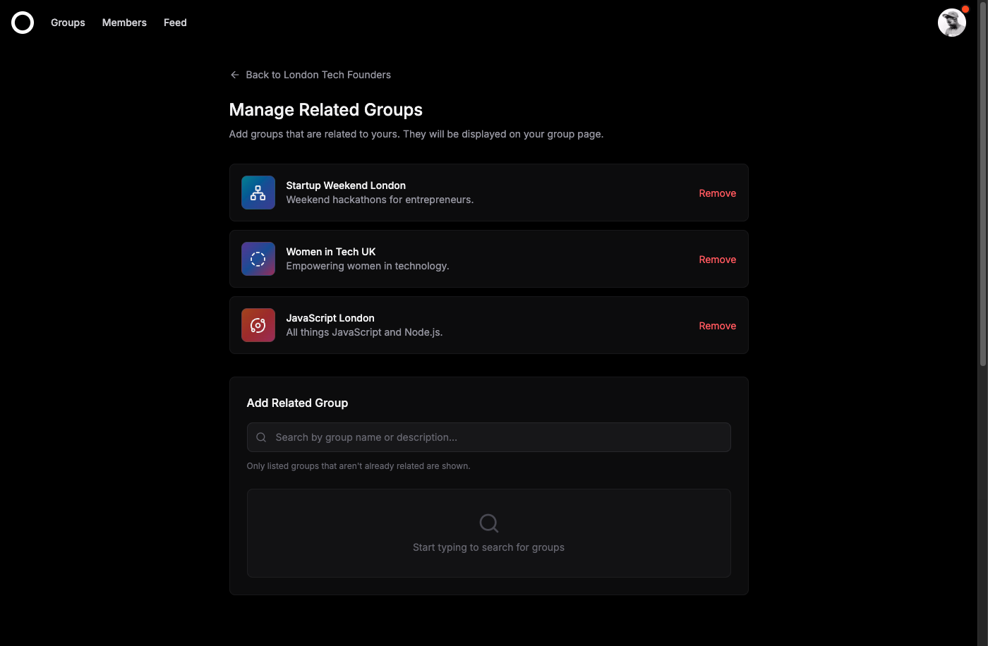 Related groups feature showing similar communities to connect with