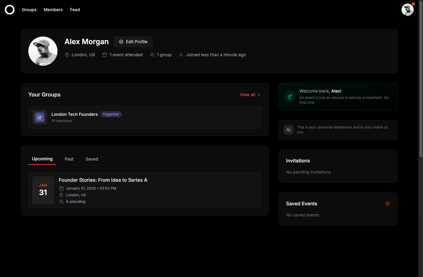 Personal dashboard showing upcoming events and group memberships
