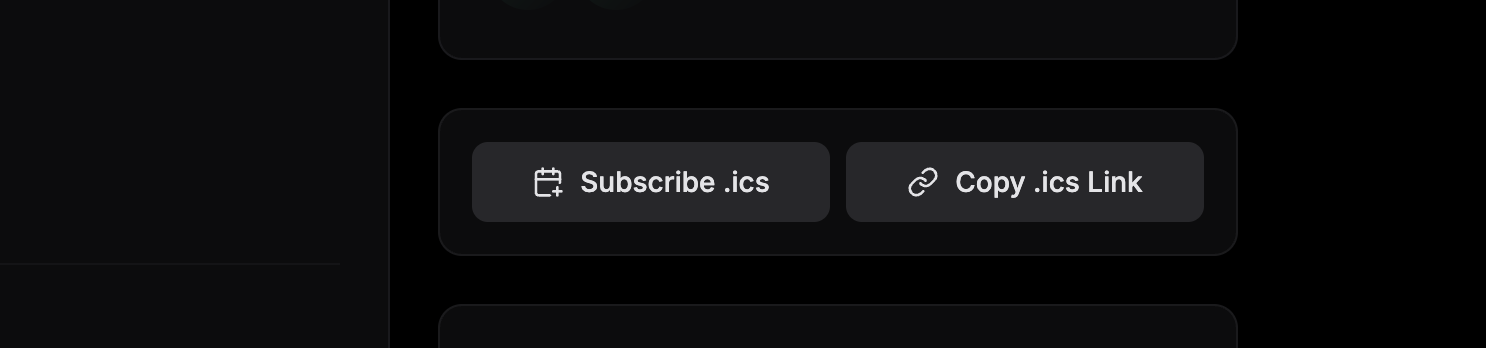 Calendar subscription widget on a Radius group page showing Subscribe .ics and Copy .ics Link buttons for adding upcoming events to your calendar app