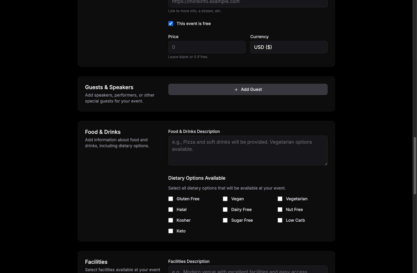 Event creation form with speakers, dietary options and facility information